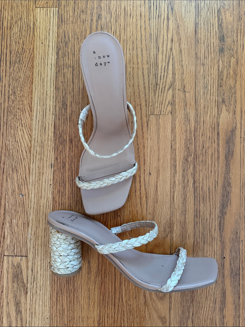 a new day Braided-Strap Neutral Block Heel Sandals size 9.5, raffia, minimal 👀
